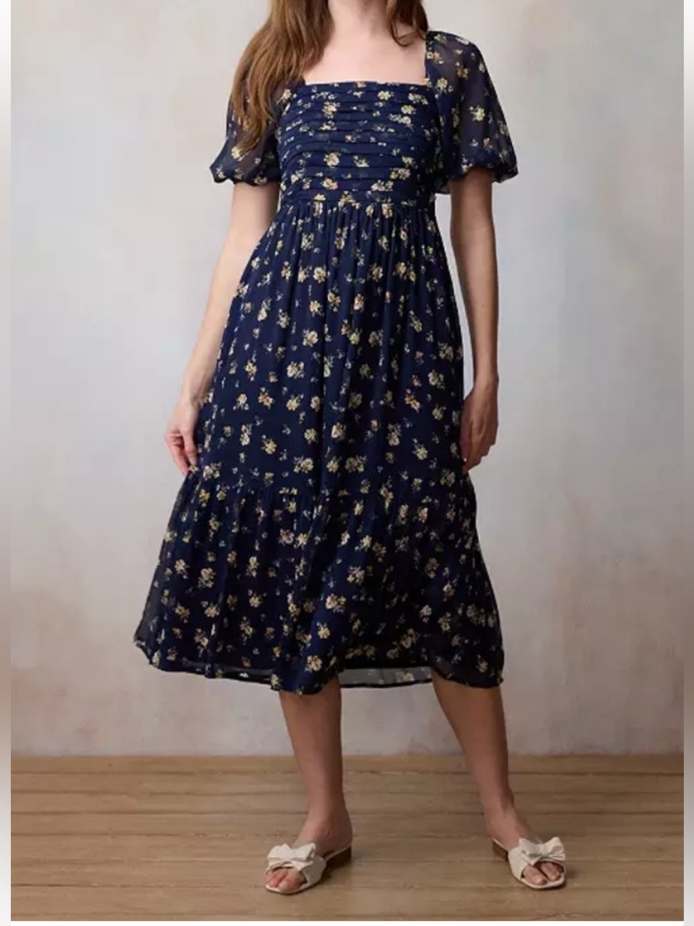 LC Lauren Conrad Navy Floral Puff-Sleeve Sundress